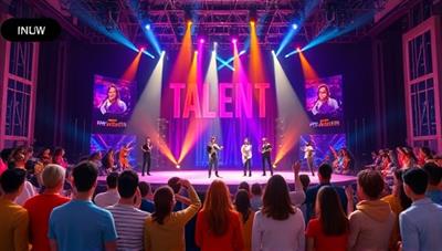 An animated virtual stage with colorful spotlights, cheering avatars, and a diverse audience watching talented performers showcasing their skills, capturing the essence of an online talent show platform.
