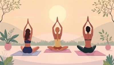 A serene digital illustration depicting a virtual yoga session with participants in various poses, surrounded by calming nature elements and tranquil vibes, creating a virtual retreat atmosphere that promotes relaxation and inner peace.