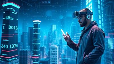 A futuristic digital cityscape with holographic data streams, glowing cyber defense shields, and a cybersecurity advisor interacting with clients through virtual reality interfaces, illustrating the cutting-edge protection and personalized guidance offered by CyberShield Pro in the ever-evolving cyberspace.