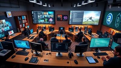 An online workshop environment with virtual classrooms, interactive coding tutorials, and 3D modeling tools, surrounded by digital representations of game development concepts and projects, creating an immersive and educational setting for aspiring game developers.