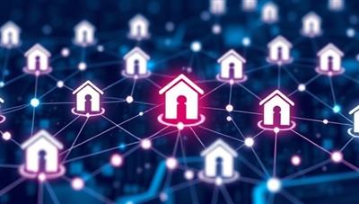 A digital illustration of a secure blockchain network with interconnected property titles, ownership records, and encrypted transactions on the BlockTitle Registry platform, symbolizing transparency, integrity, and trust in real estate title management through blockchain technology.