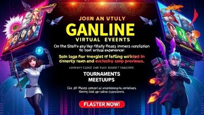 An online gaming event poster featuring colorful graphics, game characters, and event details, inviting players to join an immersive virtual experience filled with tournaments, meetups, and exclusive game previews, capturing the excitement and diversity of GameFiesta Events.