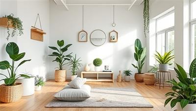 An inviting virtual wellness studio setting with a variety of wellness products, plants, and fitness equipment, creating a serene and inspiring atmosphere that embodies the holistic approach of WellNest.