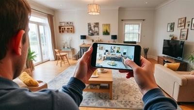 An engaging visual of a user using the RenovAR app to overlay different furniture styles and colors in their living room, showcasing the app's interactive and transformative capabilities in real-time home renovation visualization.