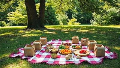 A beautifully set picnic blanket under a shady tree, adorned with a variety of fresh, colorful foods in eco-friendly containers, surrounded by nature to evoke a sense of tranquility and sustainability.