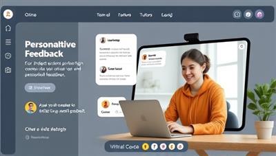 An online platform interface showcasing a student and a tutor engaged in a virtual tutoring session, with interactive tools for collaborative learning and personalized feedback, highlighting the convenience and effectiveness of virtual tutoring.