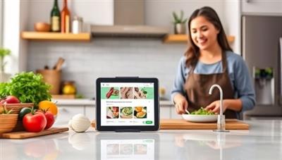 A sleek and modern kitchen countertop with neatly arranged fresh ingredients, a tablet displaying the SmartEats app with personalized meal plans, and a person joyfully cooking a nutritious meal, embodying health and convenience.