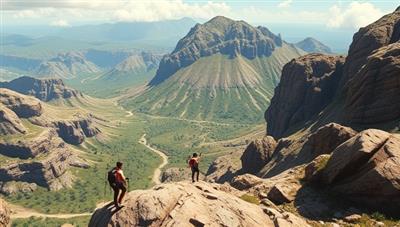 A virtual adventure expedition scene with avatars exploring a rugged landscape, navigating challenging terrain, and engaging in exciting activities like zip-lining and rock climbing, creating an immersive and thrilling virtual travel experience for adventure enthusiasts.