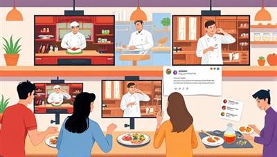 A vibrant and dynamic illustration of a virtual cooking class with multiple screens showing chefs demonstrating cooking techniques, participants following along in their own kitchens, and a chat window buzzing with excitement and culinary discussions.