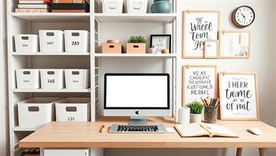 A virtual home office setup with organized shelves, labeled storage bins, and a tidy workspace featuring a laptop for virtual consultations, a stylish planner, and inspirational quotes, creating a productive and clutter-free environment.