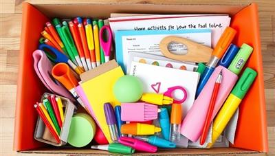 An array of colorful educational supplies and hands-on activities neatly arranged in a vibrant, engaging box, ready to inspire young learners.