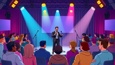 A lively digital illustration featuring a virtual comedy club setting with a stage, microphone, and colorful spotlights, where animated comedians perform hilarious acts and engage with a diverse audience of avatars laughing and reacting to the comedy show, creating a vibrant and entertaining atmosphere.