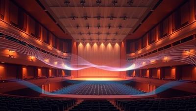 An acoustic visualization of a concert hall showcasing sound waves flowing seamlessly through the space, with advanced sound absorption panels and diffusers integrated into the architectural design, creating a harmonious and immersive acoustic experience, representing the innovative solutions offered by SoundScape Solutions.