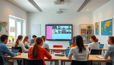 A vibrant digital classroom setting with a diverse group of students engaging with an enthusiastic tutor through video conferencing, showcasing a dynamic and interactive learning environment.