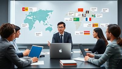 A virtual language translation scenario with a professional translator providing real-time interpretation for a multilingual business meeting, surrounded by language dictionaries, laptops, and global communication tools, illustrating the seamless and efficient language services offered by LingoLink Global.