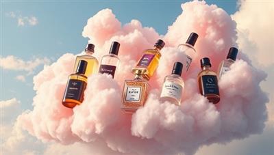 An artistic depiction of various perfume bottles and scent ingredients floating in a colorful, dreamy cloud, symbolizing the idea of creating personalized fragrances and unique scent combinations for customers.