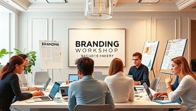 An elegant branding workshop setting with professionals engaged in a branding session, surrounded by mood boards, laptops, and creative tools, reflecting a dynamic and collaborative brand-building environment.