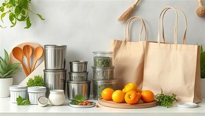 A modern and eco-friendly kitchen setting featuring a collection of zero-waste kitchenware products, including stainless steel food containers, bamboo utensils, and silicone food wraps, arranged alongside fresh produce and reusable shopping bags, set against a sustainable and nature-inspired background that embodies green living and conscious consumption.
