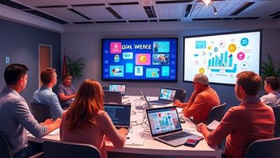 An artistic representation of a virtual workshop setting with a diverse group of participants attending a digital marketing course, featuring laptops, notepads, and creative visuals on the screens, illustrating a vibrant and interactive learning environment.