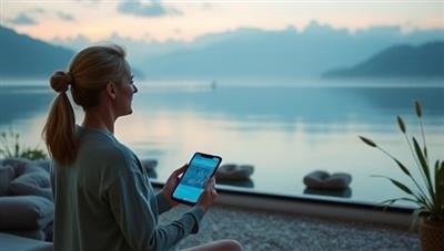 A calming mental wellness scene featuring a user engaging in mindfulness exercises on the MindfulSoul Companion app, surrounded by serene nature visuals and soothing ambient sounds, promoting relaxation and emotional balance through personalized mental wellness experiences.