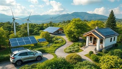 An eye-catching visual of a lush green landscape with renewable energy sources, electric vehicles, and sustainable homes, symbolizing the comprehensive and eco-friendly coverage provided by EcoSure Bundles.