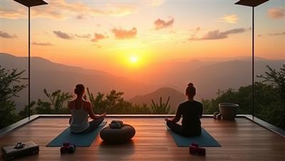 An serene visual of a virtual yoga retreat setting with tranquil nature scenes, calming music, and participants engaging in yoga poses and meditation practices from their homes, creating a peaceful and rejuvenating atmosphere within the ZenVibe Retreats platform.