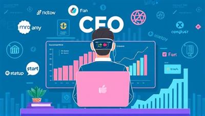 A digital illustration of a virtual CFO overseeing financial reports on a virtual dashboard, surrounded by startup logos and growth charts, symbolizing strategic financial guidance and support for startups in a dynamic digital environment.