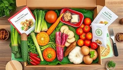 An appetizing spread of farm-fresh ingredients laid out neatly in a meal kit box, surrounded by colorful recipe cards and cooking utensils, evoking a sense of culinary adventure and freshness associated with FreshHarvest Feasts.