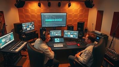 A virtual music production studio setup with musicians collaborating online, mixing tracks, editing audio files, and experimenting with digital instruments, encapsulating the creative energy and collaborative spirit fostered by Harmony Lab Online's music production studio subscriptions.