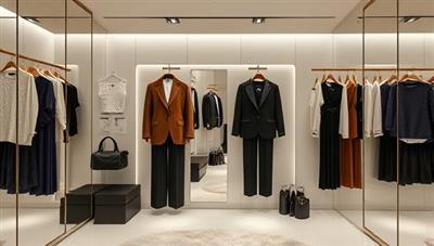 An elegant virtual dressing room interface displaying a digital mirror with adjustable clothing options, accessories, and style suggestions, creating a personalized and interactive styling experience for users.