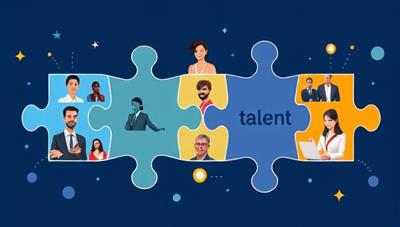 An engaging digital illustration of interconnected puzzle pieces symbolizing the perfect match between talent and job opportunities on the platform, with diverse professionals and businesses depicted on each piece.