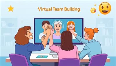 An animated visual of a virtual team building workshop in progress, showing avatars of team members collaborating on a digital challenge, with virtual high-fives and celebratory emojis, illustrating a dynamic and engaging remote team bonding experience.