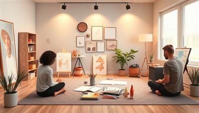 A serene digital art studio setting with soothing colors, soft lighting, and art supplies arranged for a therapeutic workshop, featuring avatars engaged in expressive art-making, journaling, and relaxation exercises, creating a safe and healing space for emotional exploration and self-discovery.