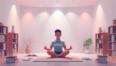 An immersive digital illustration of a serene meditation space with calming colors, soft lighting, and a student meditating peacefully, surrounded by books and study materials, creating a harmonious blend of mindfulness and academics.