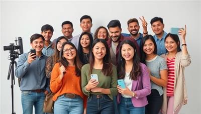 An image of a diverse group of influencers posing with telecommunications products and devices, engaging with their audience on social media platforms, symbolizing the impact and reach of influencer marketing in the telecommunications industry.
