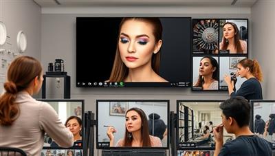 An online classroom setting with a makeup artist conducting a virtual tutorial on a vibrant eyeshadow look, with a diverse group of students following along on their own makeup stations, showcasing the interactive nature of the eGlam Academy courses.