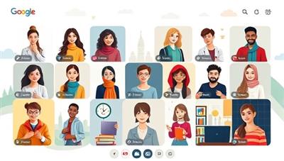 An online platform interface showcasing diverse users engaging in language lessons, cultural exchange activities, and virtual conversations, fostering a sense of global connection and learning.