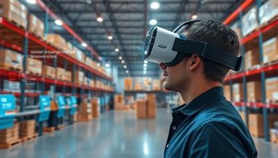 An immersive virtual reality scene showing a user wearing a VR headset and exploring a digitized warehouse environment with interactive features like inventory scanning and storage space customization, demonstrating the futuristic and engaging experience of VR Warehouse Explore.