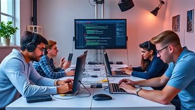 A virtual coding bootcamp setup with tech enthusiasts coding collaboratively, solving programming challenges, debugging code, and engaging in virtual tech workshops, illustrating the innovative learning environment and coding community fostered by CodeCraft Online's tech skills bootcamps.