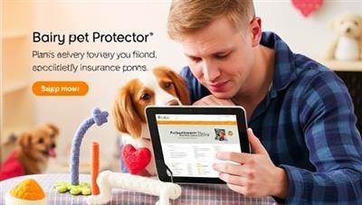 A heartwarming image of a pet owner cuddling their pet while looking at a tablet displaying the PawProtector Plans website, surrounded by pet toys and accessories, symbolizing care and protection for beloved furry friends through specialized insurance plans.