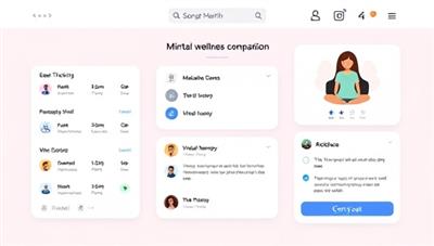 An AI-powered mental wellness companion interface displaying mood tracking features, relaxation exercises, and virtual therapy options, creating a calming and supportive environment for users seeking mental health support and self-care.