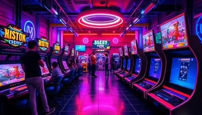 A captivating visual of a virtual reality gaming arcade filled with vibrant neon lights, futuristic game setups, and excited gamers immersed in virtual worlds, capturing the essence of the immersive and interactive gaming experience offered by ArcadeHub VR.