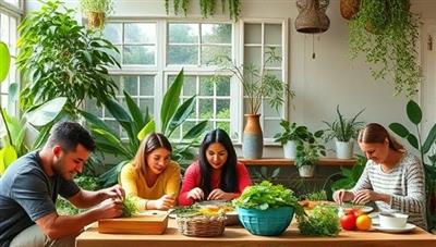 An inspiring and informative image featuring a virtual workshop on sustainable living, with diverse participants engaging in hands-on activities like upcycling, composting, and plant-based cooking, set against a backdrop of lush greenery and eco-friendly decor, conveying a sense of community and environmental stewardship.