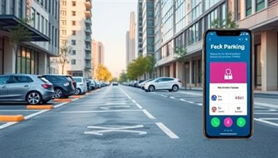 An urban streetscape with colorful IoT sensors embedded in parking spaces, accompanied by a mobile app interface displaying real-time parking availability, illustrating the seamless and tech-driven parking management system offered by ParkWise Tech.