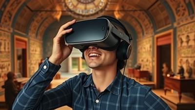 An evocative visual of a user wearing a VR headset, exploring an ancient civilization through a virtual reality history tour, surrounded by historical artifacts and interactive elements, conveying the immersive and educational nature of HistoryScope.