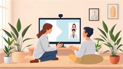 A compassionate visual representation of a virtual therapy session, with a therapist providing support and guidance to a client through a video call, surrounded by calming elements like soft lighting, plants, and relaxation aids, conveying empathy and healing.