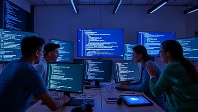 A dynamic virtual coding bootcamp session with participants collaborating on a coding project, surrounded by computer screens displaying lines of code and tech-related visuals, creating an immersive and interactive learning environment.