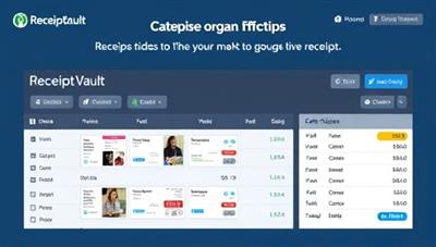 A modern and sleek digital receipt organization dashboard displaying categorized expenses, receipt thumbnails, and expense summaries, showcasing the efficiency and organization benefits of using ReceiptVault for financial tracking.