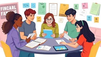 A vibrant and inclusive illustration of a diverse group of teenagers engaged in a financial workshop with a coach, surrounded by colorful financial education materials and interactive tools, representing empowerment and knowledge-sharing in youth finance.