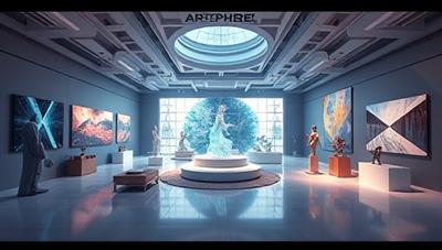 A captivating visual representation of a virtual art gallery space in VR, showcasing digital artworks, sculptures, and interactive elements surrounded by futuristic architecture and immersive lighting effects, illustrating the innovative and immersive art experience offered by ArtSphere VR's virtual gallery platform.